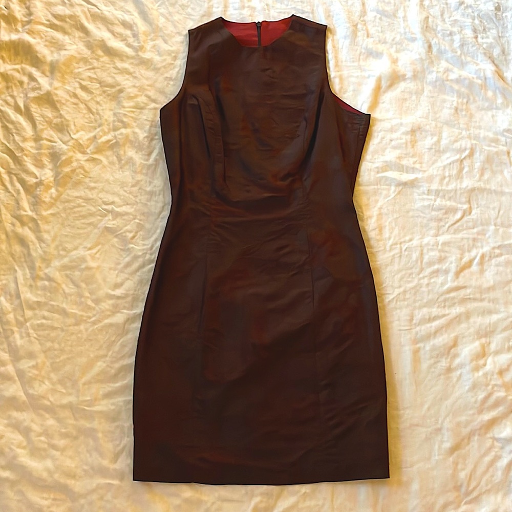 Women’s 100% silk size 4 dress, sleeveless, chocolate brown with oxblood lining.